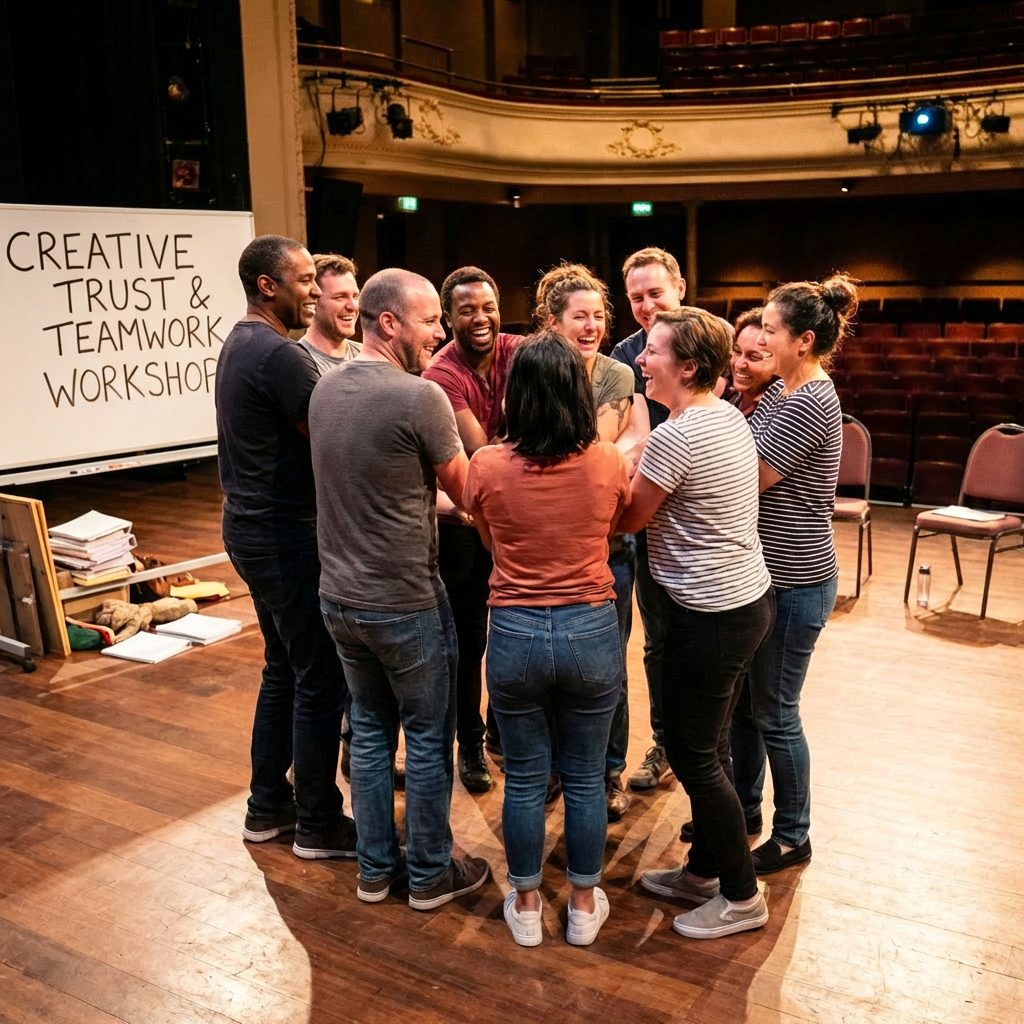 Diverse group laughing in a circle at a Creative Trust and Teamwork Workshop.